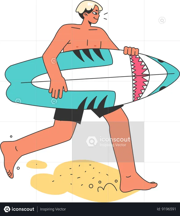 Homme tenant une planche de surf  Illustration