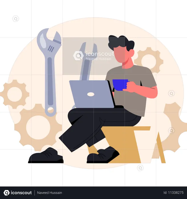 Un homme tenant une tasse travaille sur un ordinateur portable  Illustration