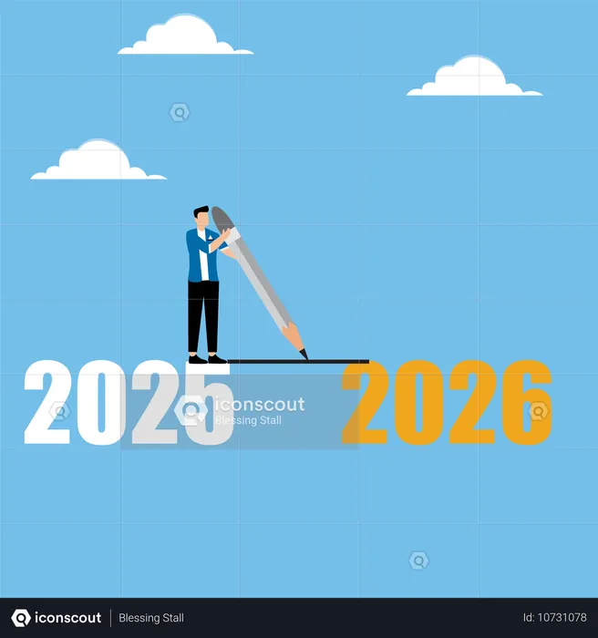 Un homme trace une ligne entre 2025 et 2026  Illustration