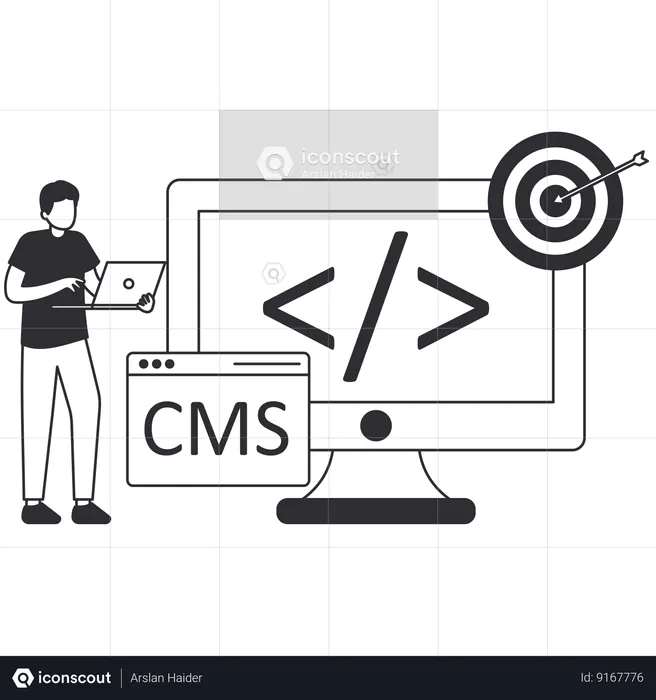 Homme travaillant sur le développement de CMS  Illustration