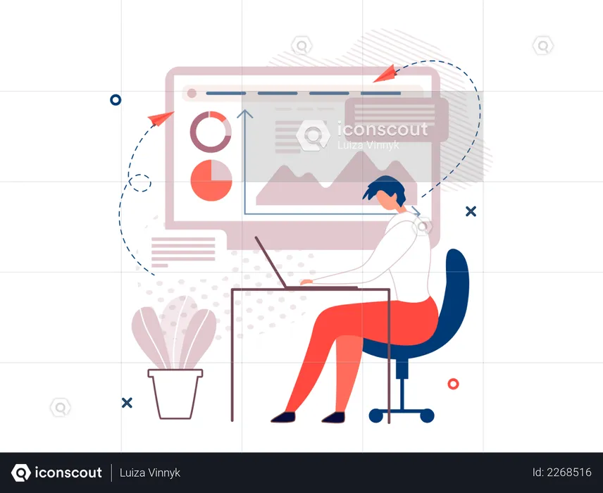 Homme travaillant en interaction avec des graphiques et des diagrammes sur PC  Illustration