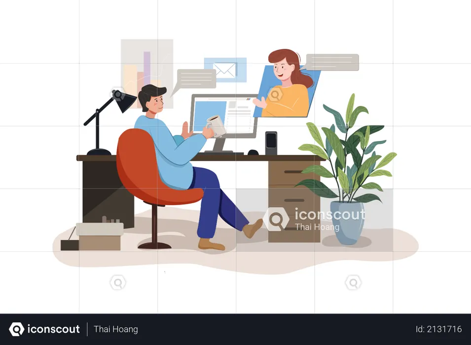 Homme travaillant à la maison sur un ordinateur  Illustration