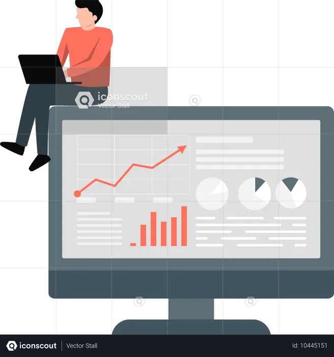 Un homme travaille à analyser une infographie sur un ordinateur portable  Illustration