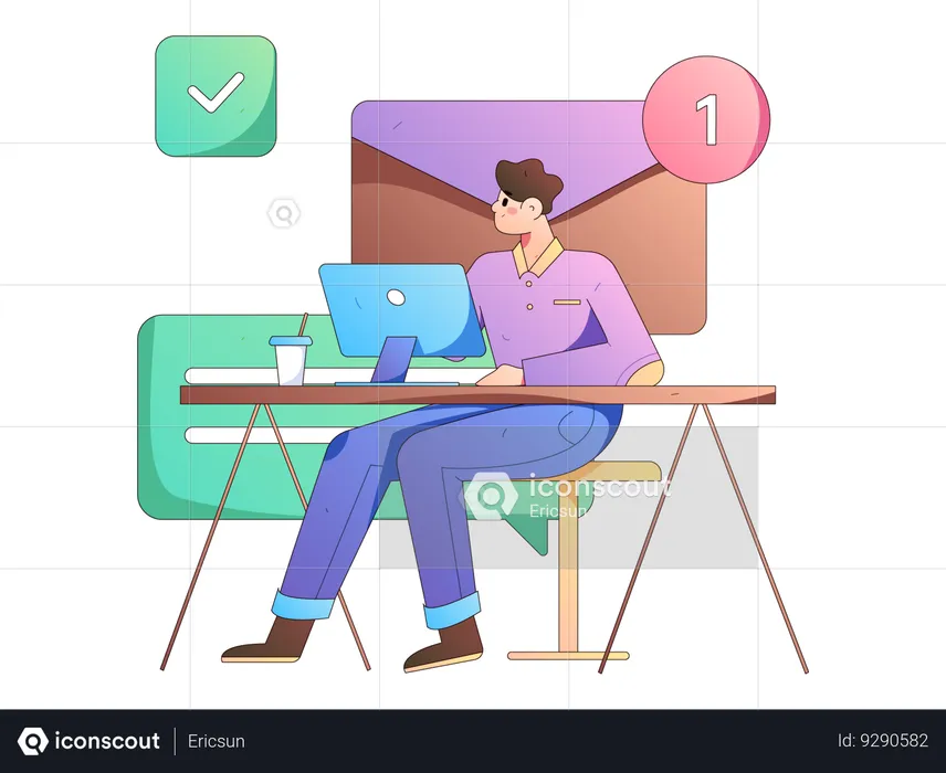 Homme travaillant au bureau et recevant une notification par courrier  Illustration