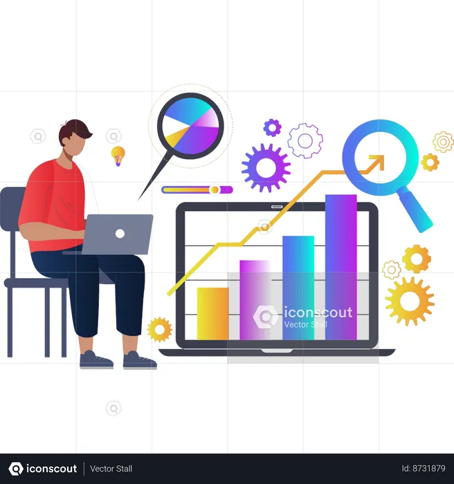 Homme travaillant sur un graphique à barres d'affaires  Illustration