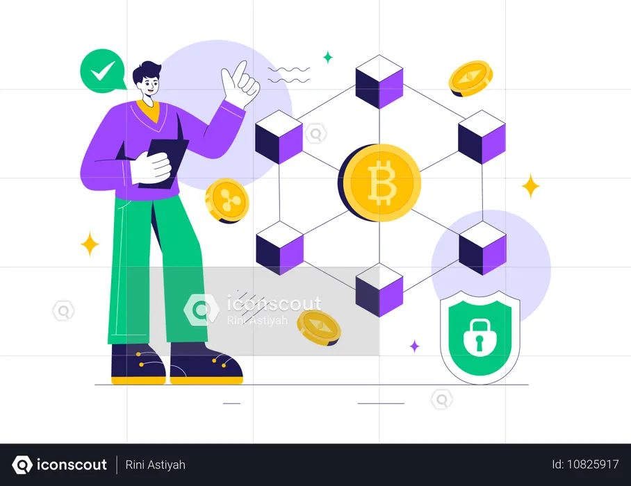 Homme travaillant sur la technologie blockchain  Illustration