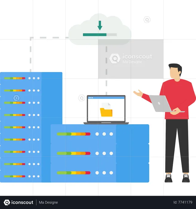 Homme travaillant sur la technologie de stockage et le service de serveur cloud  Illustration