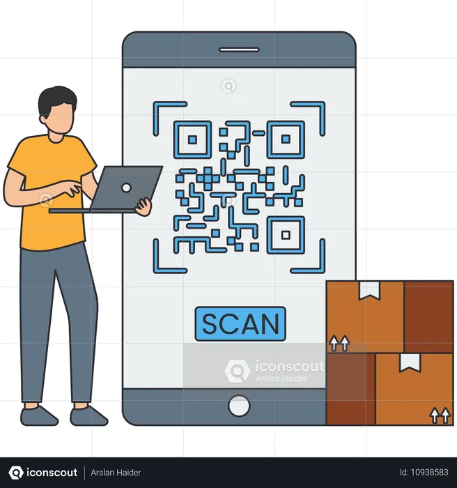 Un homme travaillant sur la numérisation d'un code QR  Illustration