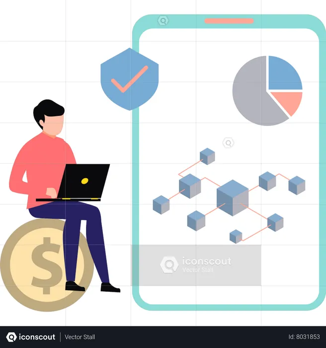 Homme travaillant sur le réseau blockchain  Illustration