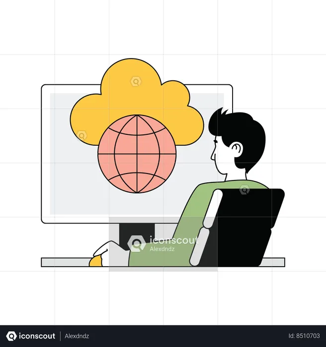 Homme travaillant sur le réseau cloud mondial  Illustration