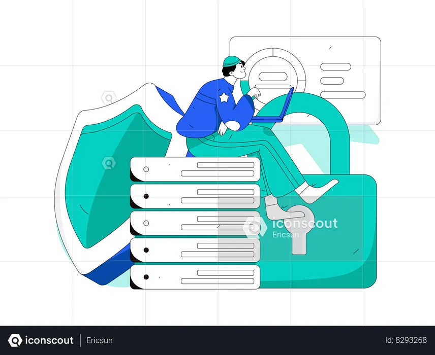 Homme travaillant sur la sécurité du serveur  Illustration