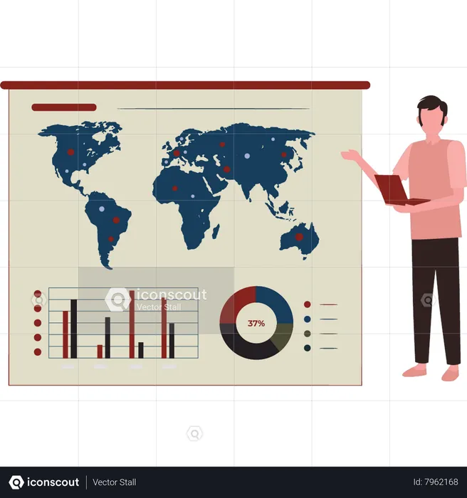 Homme travaillant sur des données commerciales mondiales  Illustration