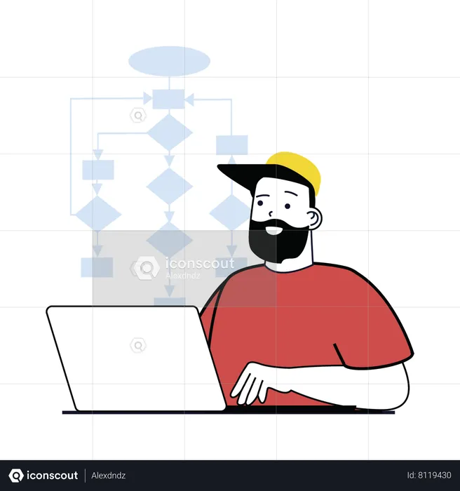 Homme travaillant sur un diagramme de processus  Illustration