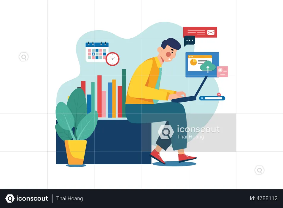 Homme travaillant sur un ordinateur portable  Illustration