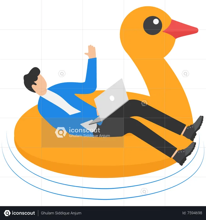 Homme travaillant sur un ordinateur portable flottant dans la piscine  Illustration