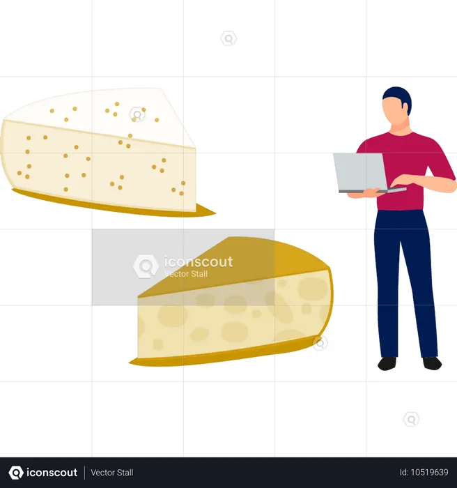 Un homme travaille sur du fromage sur un ordinateur portable  Illustration