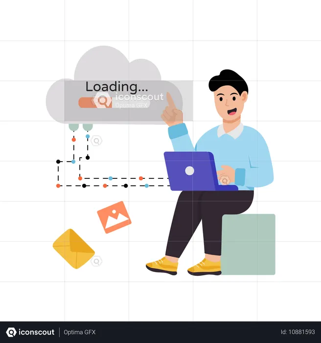 Homme travaillant sur un réseau cloud  Illustration