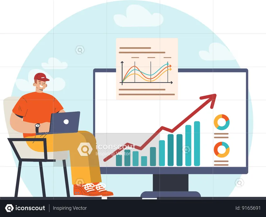 Homme travaillant sur la courbe de croissance des entreprises  Illustration