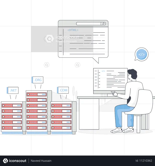 L'homme travaille sur l'hébergement Web  Illustration