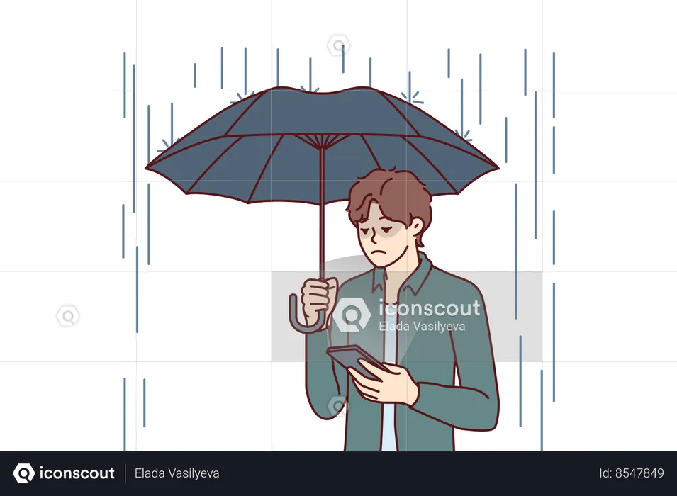 Un homme triste avec un parapluie se tient sous la pluie et lit les SMS au téléphone de sa petite amie qui a refusé de venir à un rendez-vous  Illustration