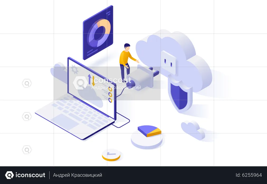 Homme utilisant Internet pour accéder aux services cloud  Illustration