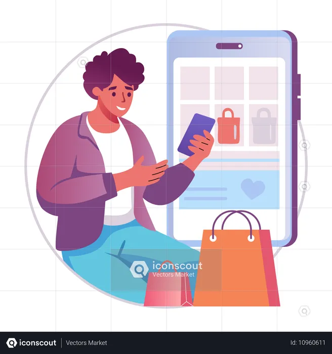 Un homme utilise une application de shopping pour faire des achats  Illustration