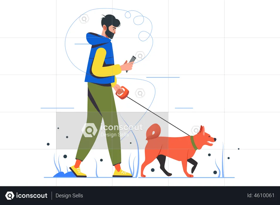 Un homme utilise un mobile en marchant avec un chien  Illustration