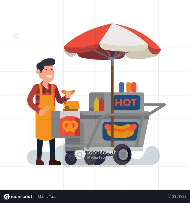 Homme vendant des hot-dogs sur un chariot de nourriture de rue  Illustration