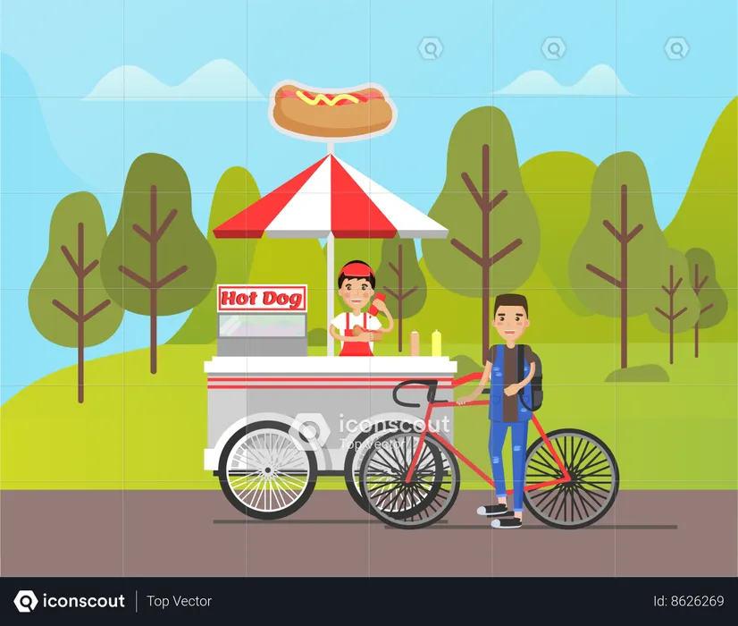 Homme vendant des hot-dogs dans le parc  Illustration