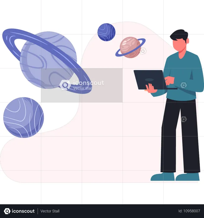 Un homme vérifie l'exploration de l'espace à l'aide d'un télescope  Illustration