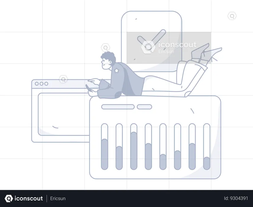 Homme vérifiant l'analyse commerciale à l'aide d'un mobile  Illustration