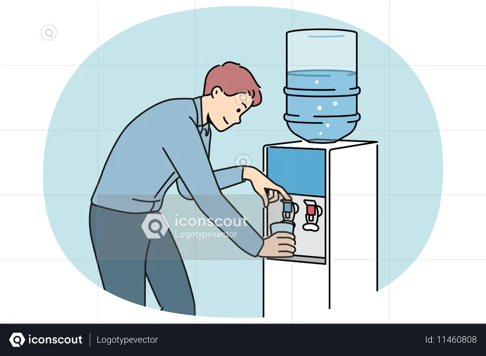 Un homme verse de l'eau d'une glacière dans un bureau  Illustration