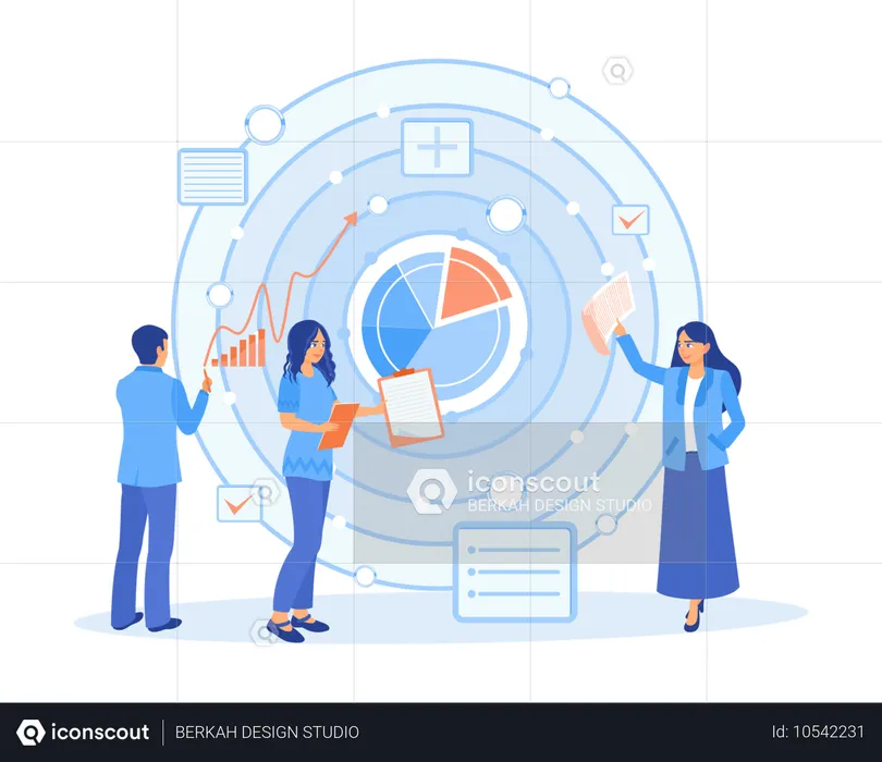 Les gens d'affaires analysent les projets de travail en équipe et la gestion de l'entreprise pour atteindre les objectifs  Illustration