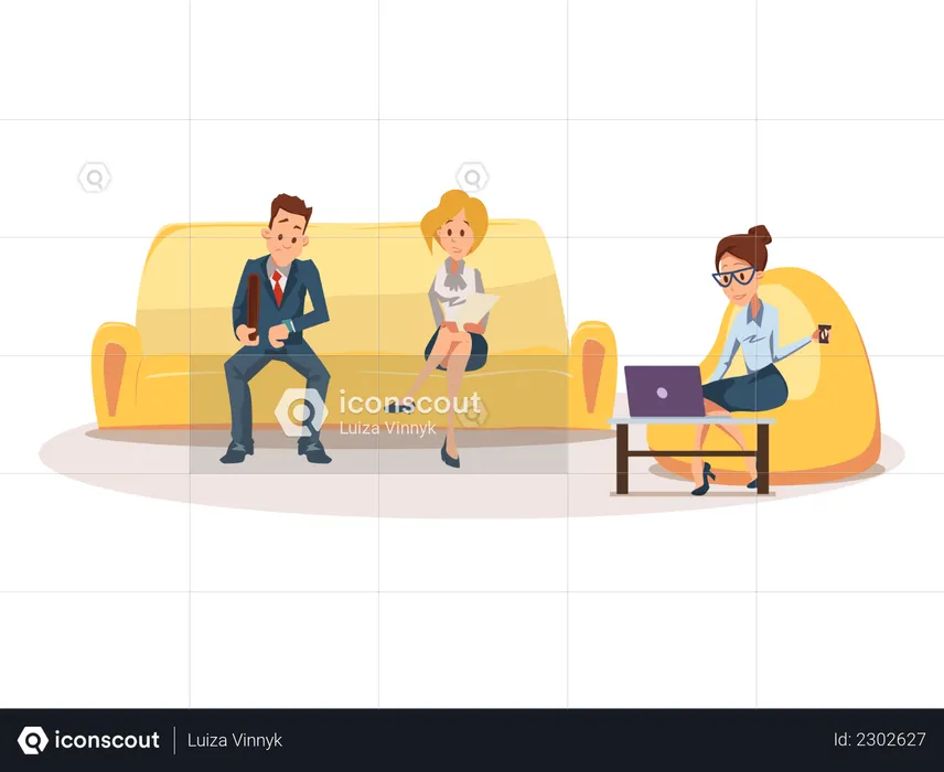 Gens d'affaires en attente d'un entretien d'embauche sur un canapé  Illustration