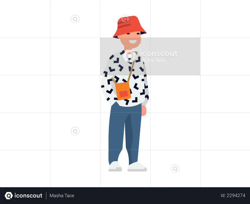 Hommes portant une casquette rouge et un sac de poche  Illustration