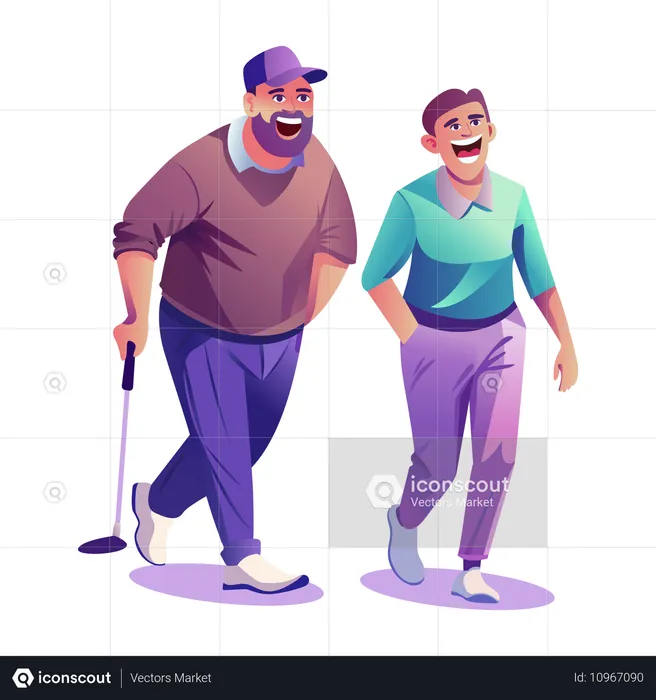 Des hommes qui rient en marchant tout en tenant un bâton de golf  Illustration