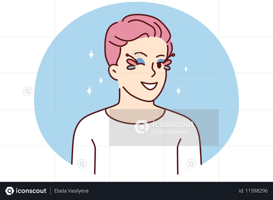 ピンクの髪とアイメイクをした同性愛者の男性がカメラに向かってウインクする  イラスト