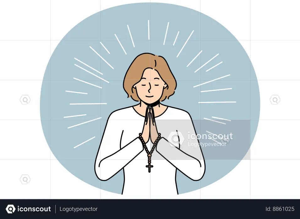 Hopeful religious young woman with rosary in hands praying  Illustration