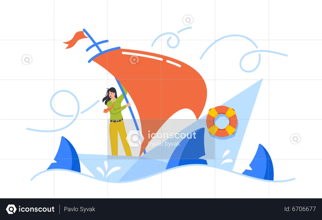 Hopeless Businesswoman Drowning In Ocean  Illustration