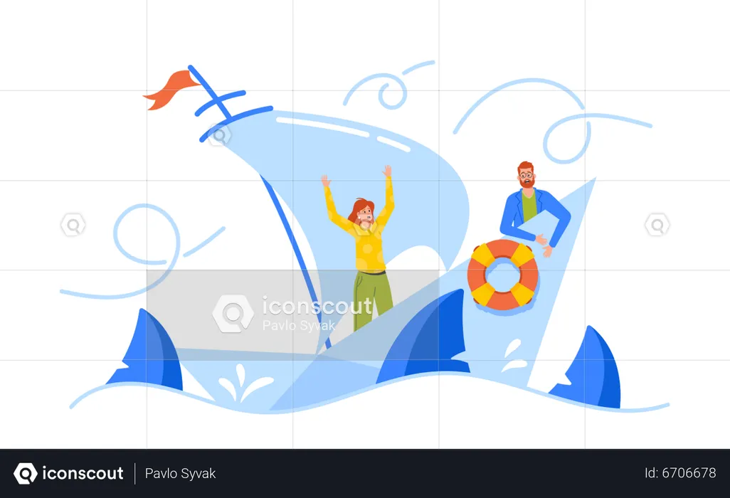 Hopeless Situation Concept With Frightened Businesspeople Shipwreck On Paper Boat  Illustration