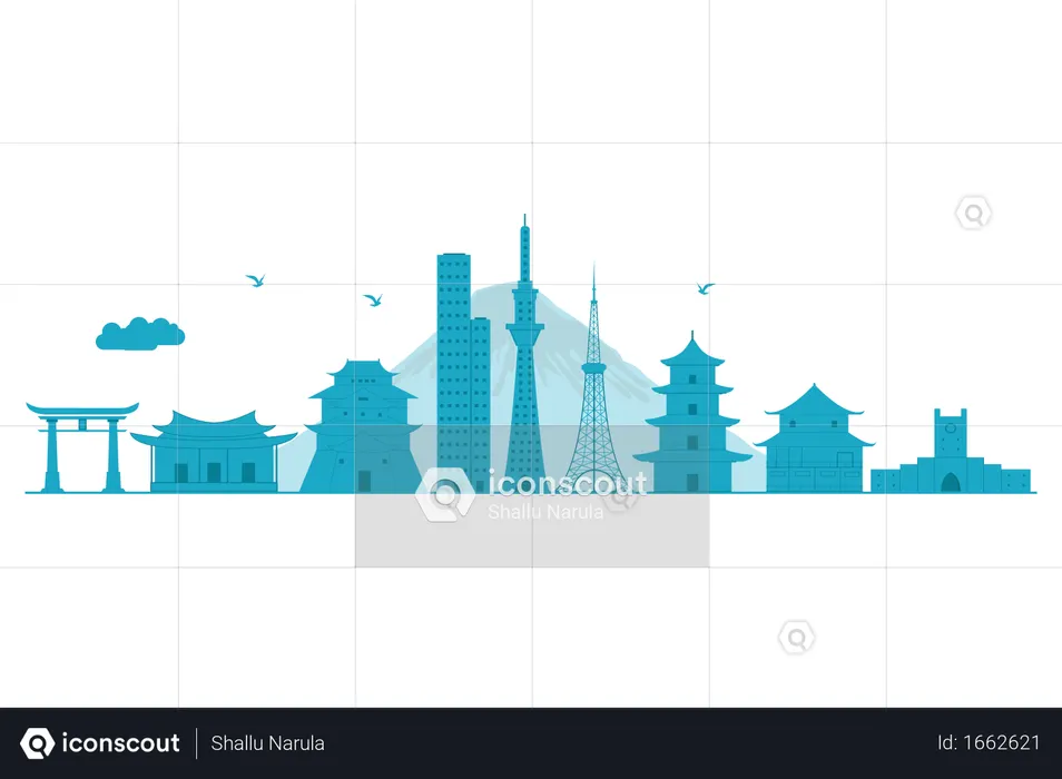 Horizonte de Japón en silueta azul  Ilustración