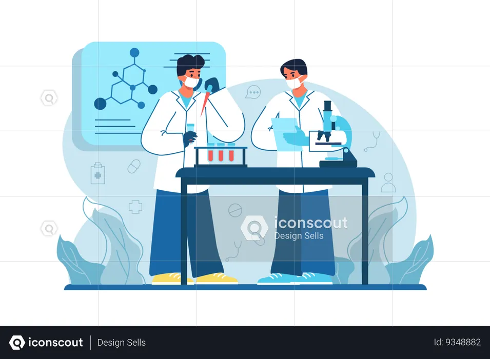 Hospitais pesquisam novos medicamentos em laboratório de química  Ilustração