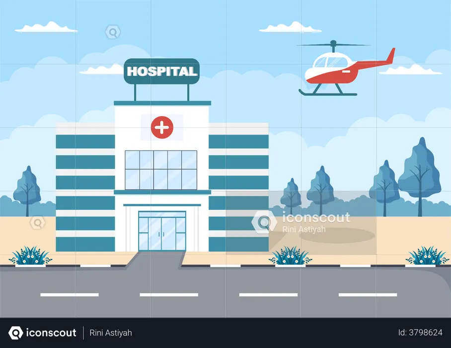 Hospital com ambulância aérea  Ilustração