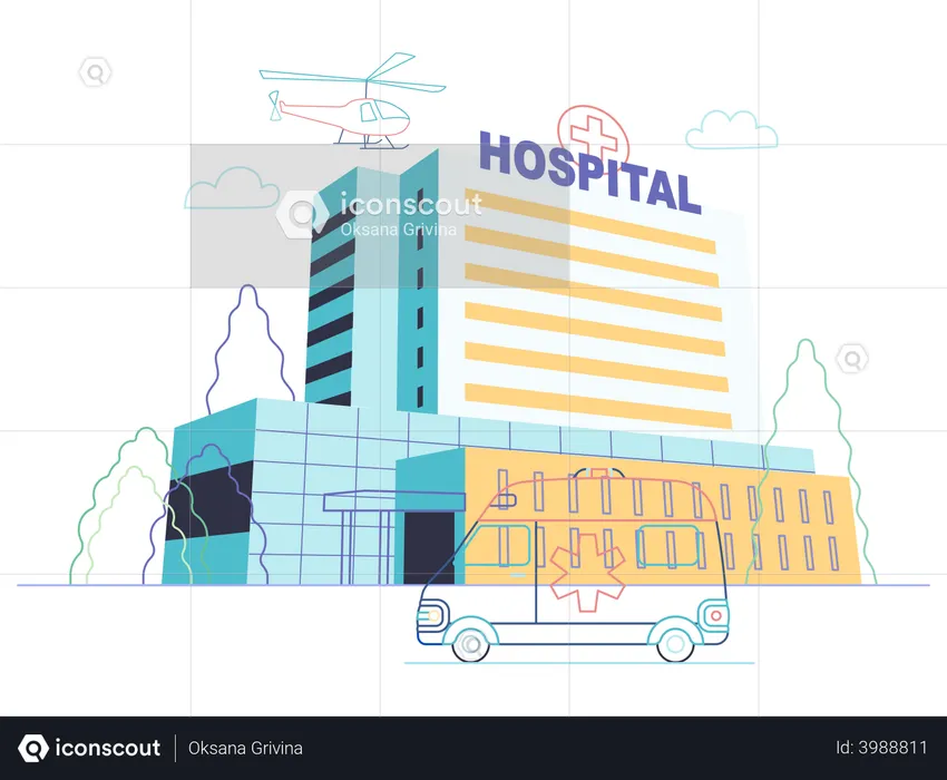 Hospital com veículo de emergência  Ilustração