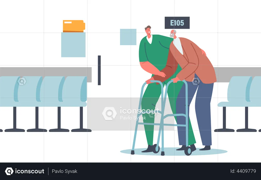 Hospital staff helping old patient move  Illustration