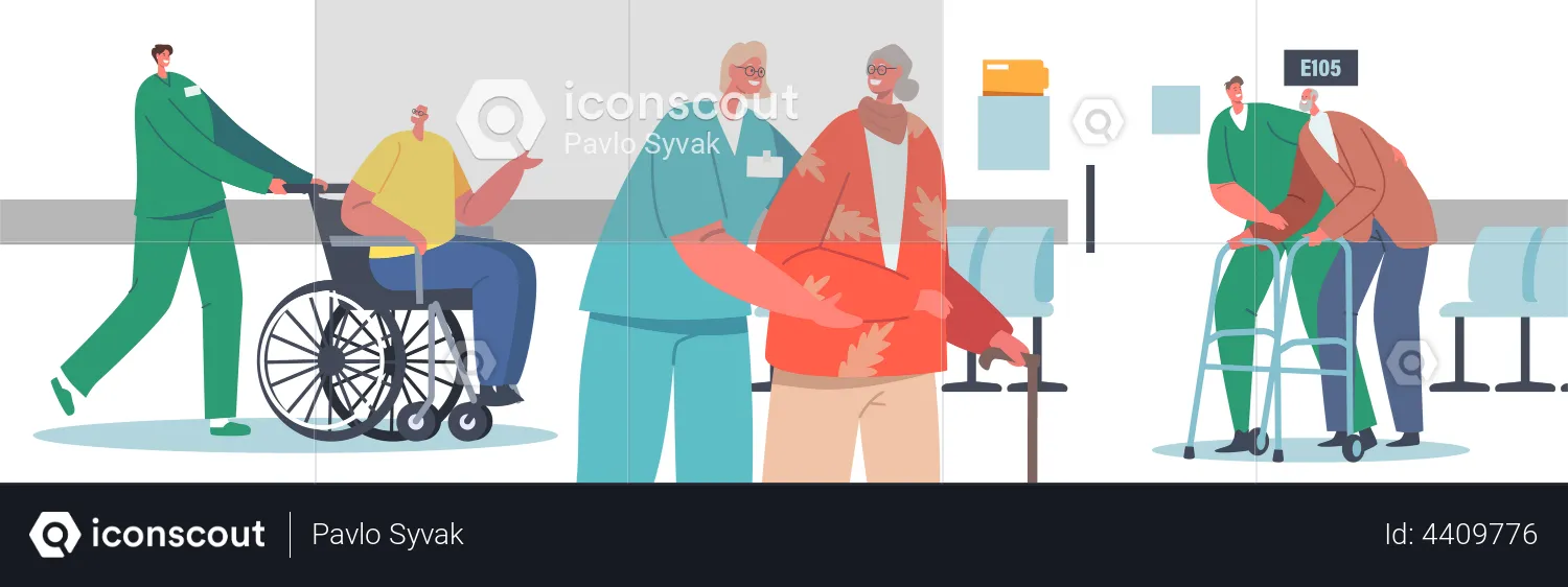 Hospital staff helping old patients  Illustration
