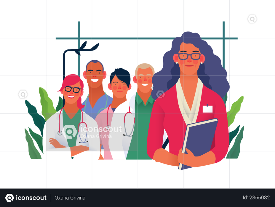 Premium Hospital staff standing together Illustration download in PNG