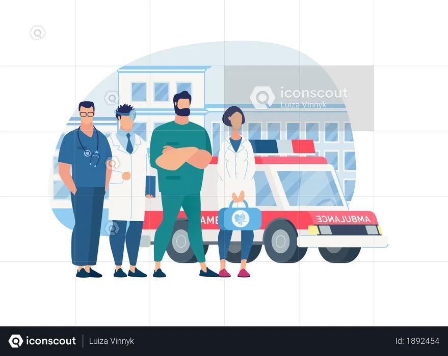 Asistentes médicos y hospitalarios y ambulancia.  Ilustración