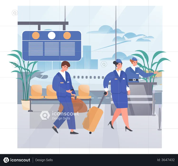 Hostess Helping Tourists In Airport  Illustration
