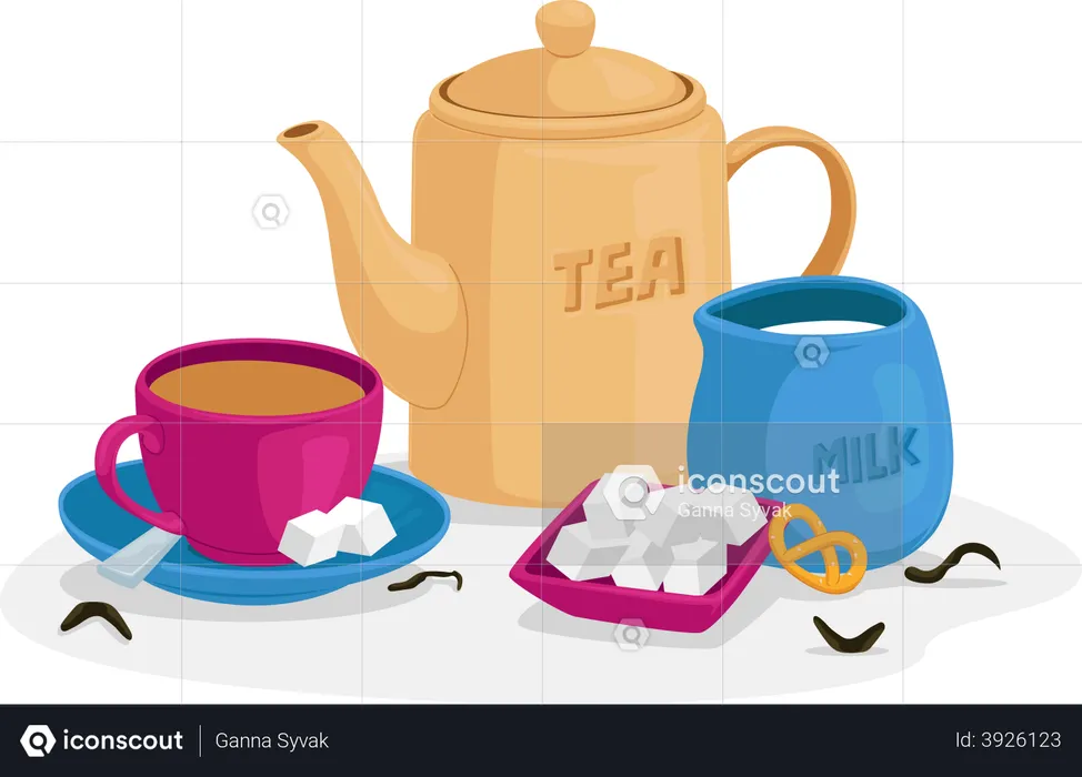 Hot tea with milk and sugar cubes  Illustration